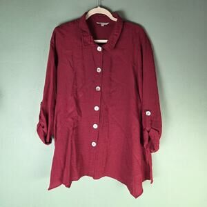 John Mark Womens Large Red Wine Button Up Tunic Top Modest Asymmetrical Hem